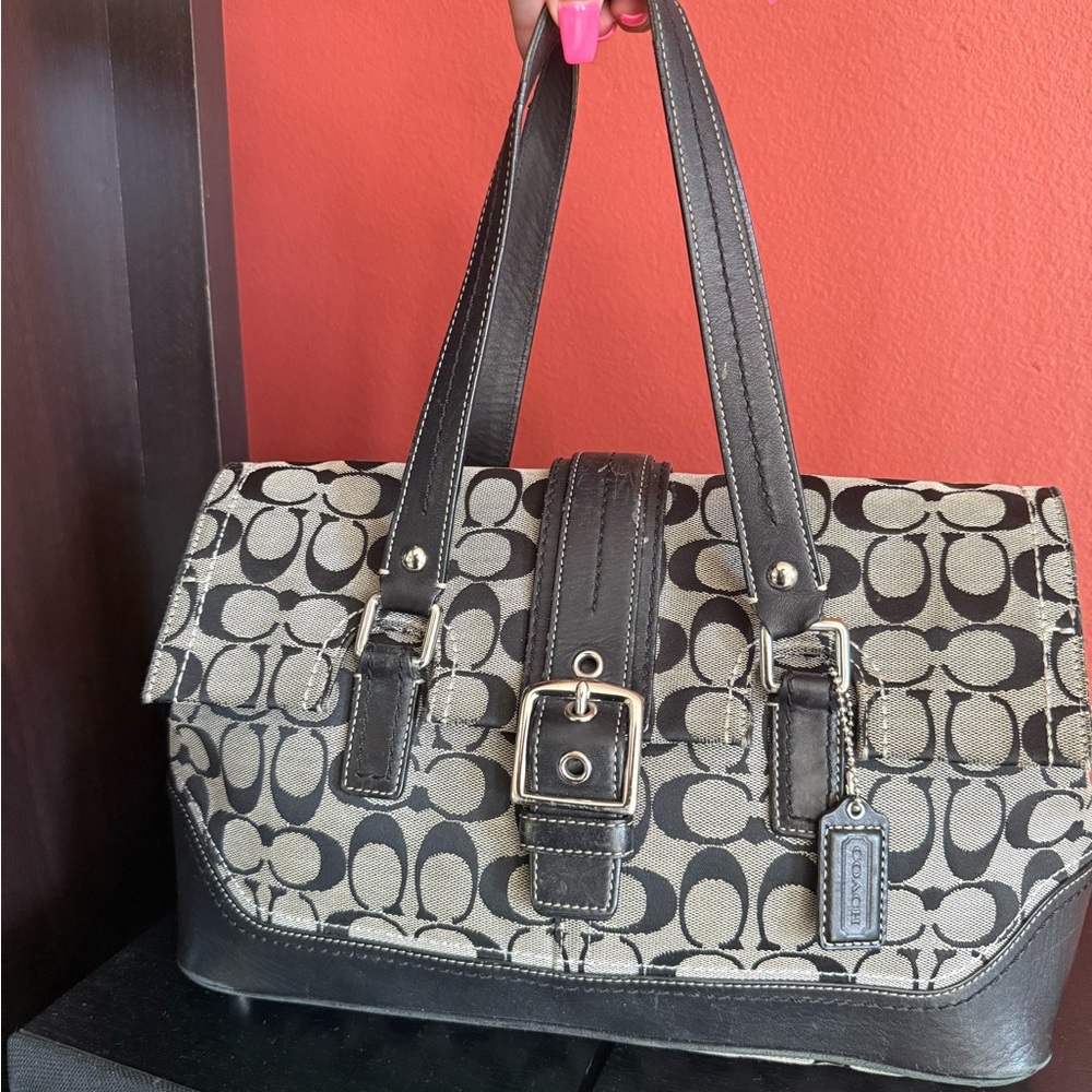 Coach Black and Cream Satchel with Signature Design